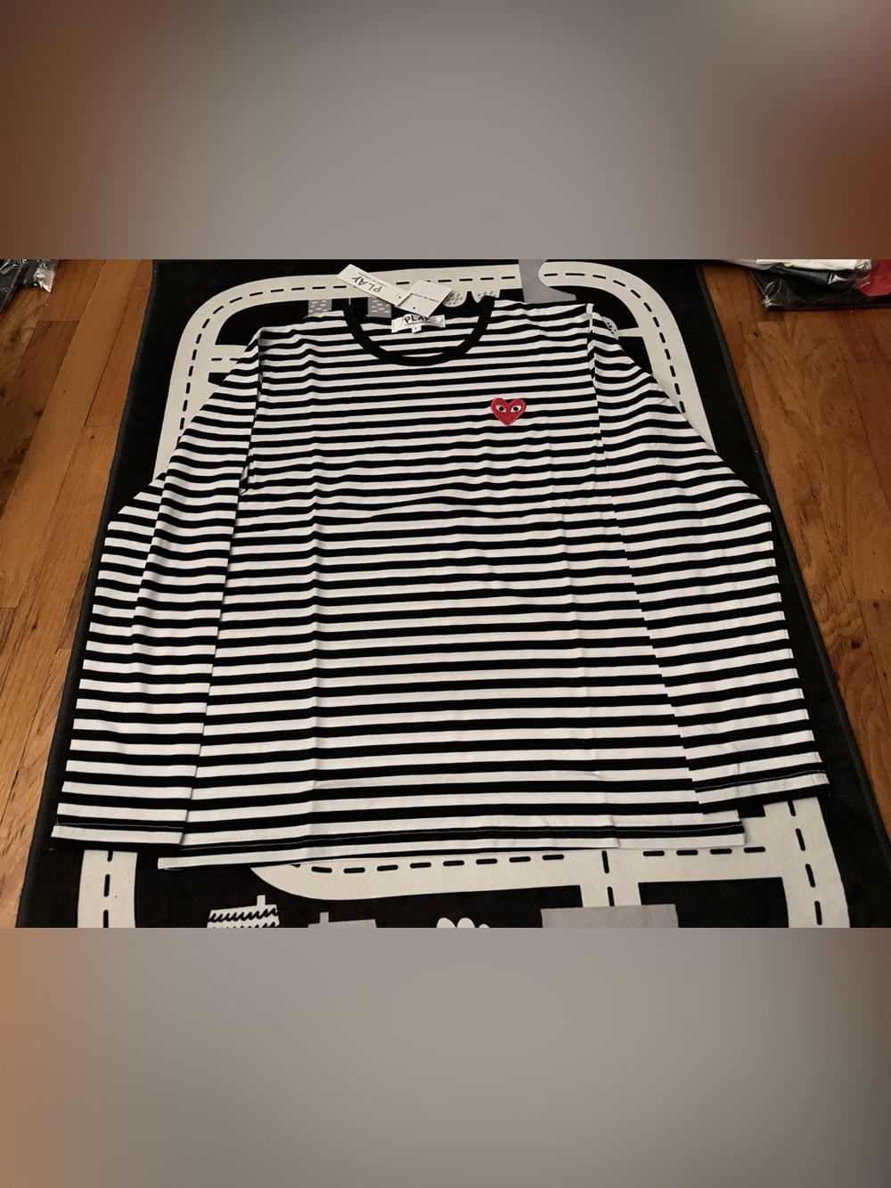 Comme des Garcons PLAY Striped Long Sleeve Shirt Black White Red Heart M NWT